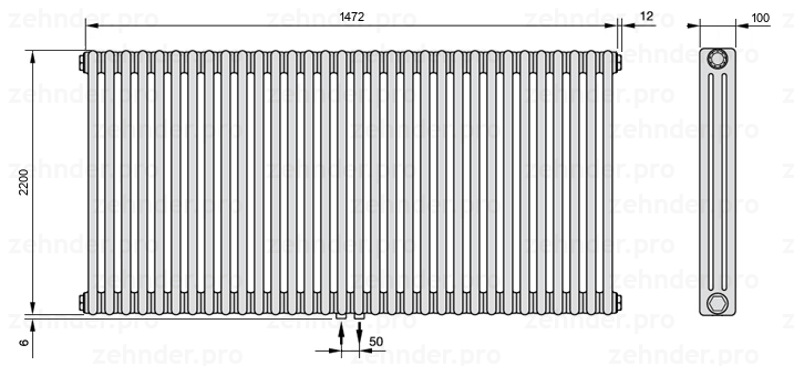 Схема (чертеж) Радиатор Zehnder Charleston 3220/32 №3470 Белый глянцевый RAL 9016